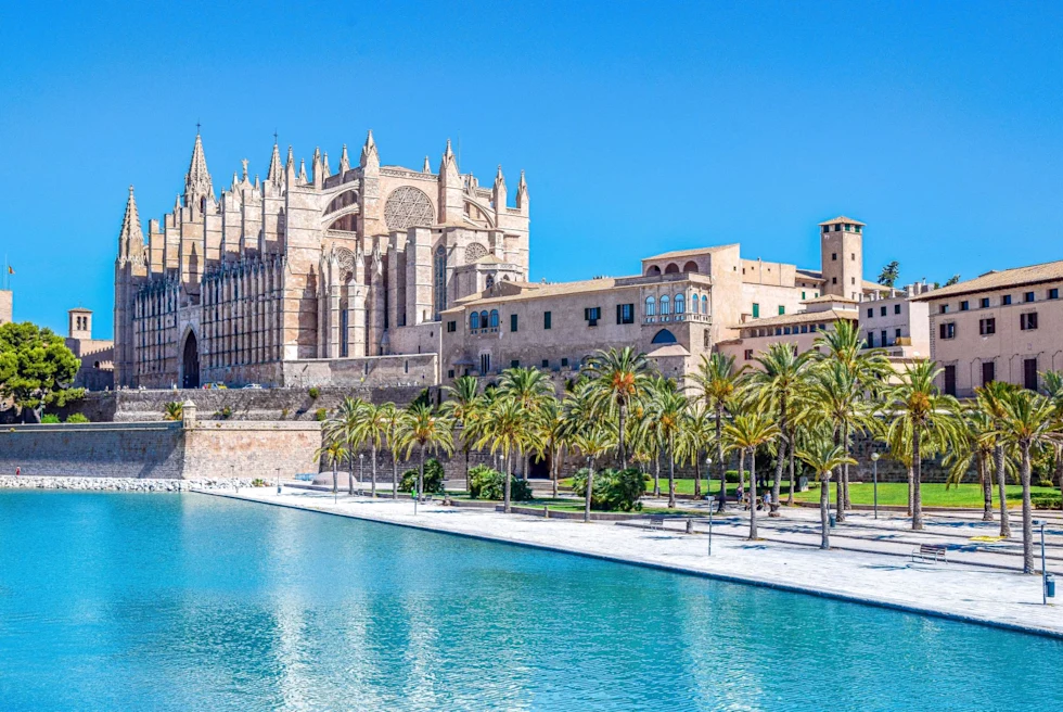 Catedral de Santa María de Palma de Mallorca on a sunny day next to serene body of water and palm trees along clean and paved walkway.