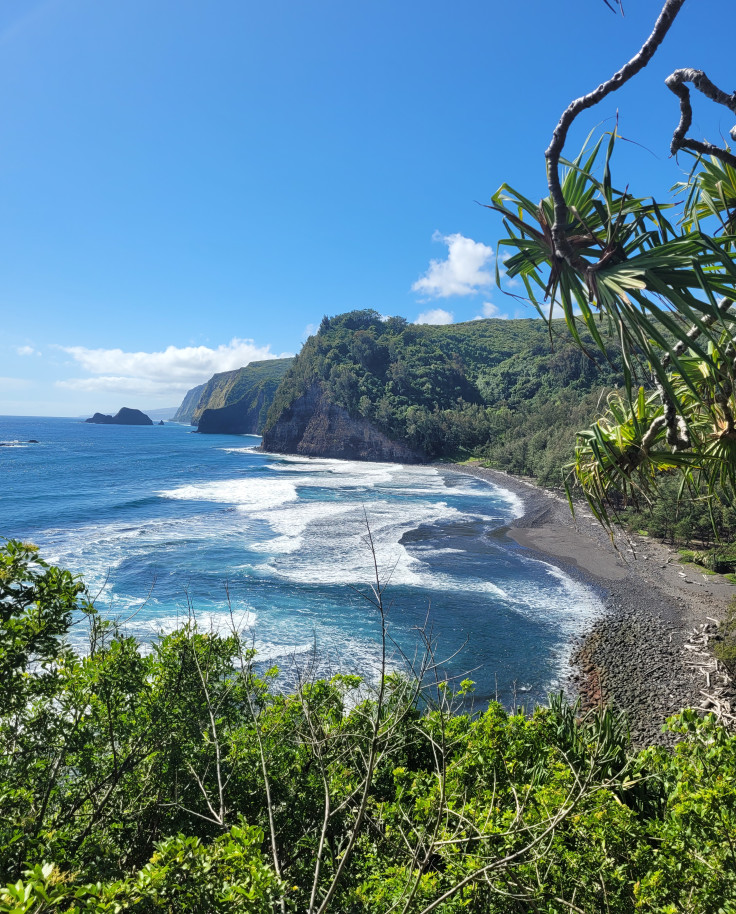 Beach and body of water next to green mountains with blue skies during daytime