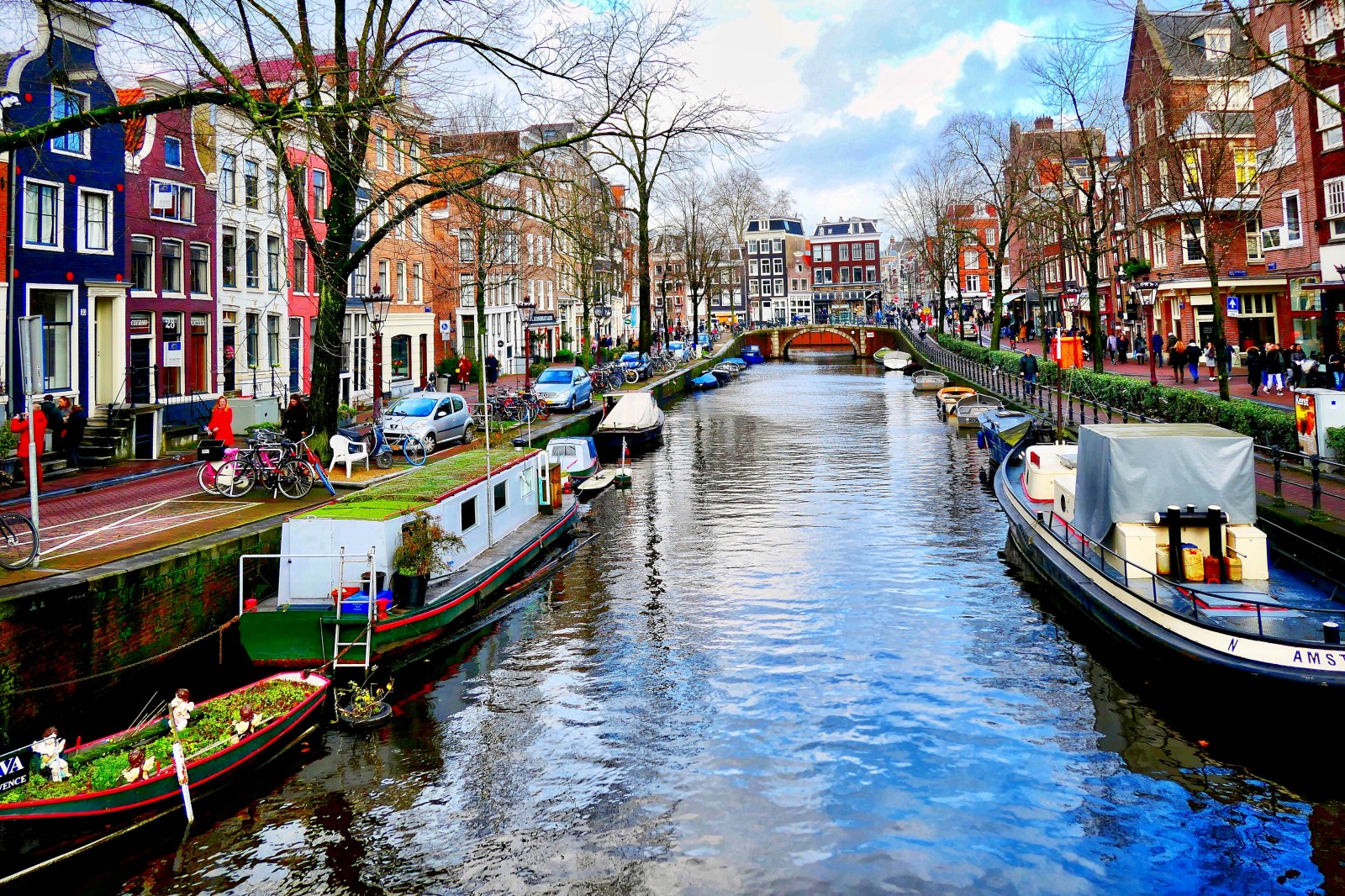 The canal and colorful houses in Amsterdam. 