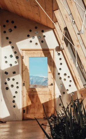 An artsy door with mountain views in Taos. 