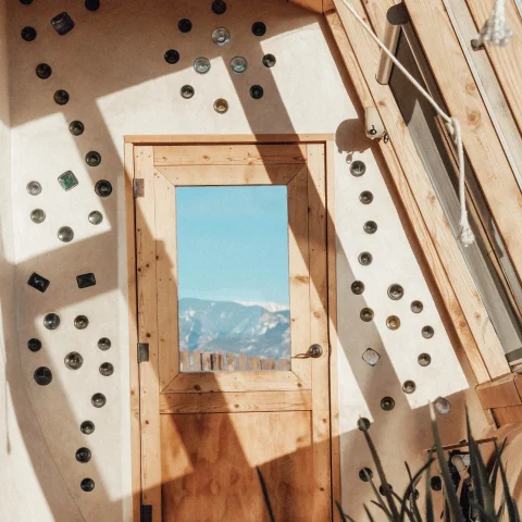 An artsy door with mountain views in Taos. 