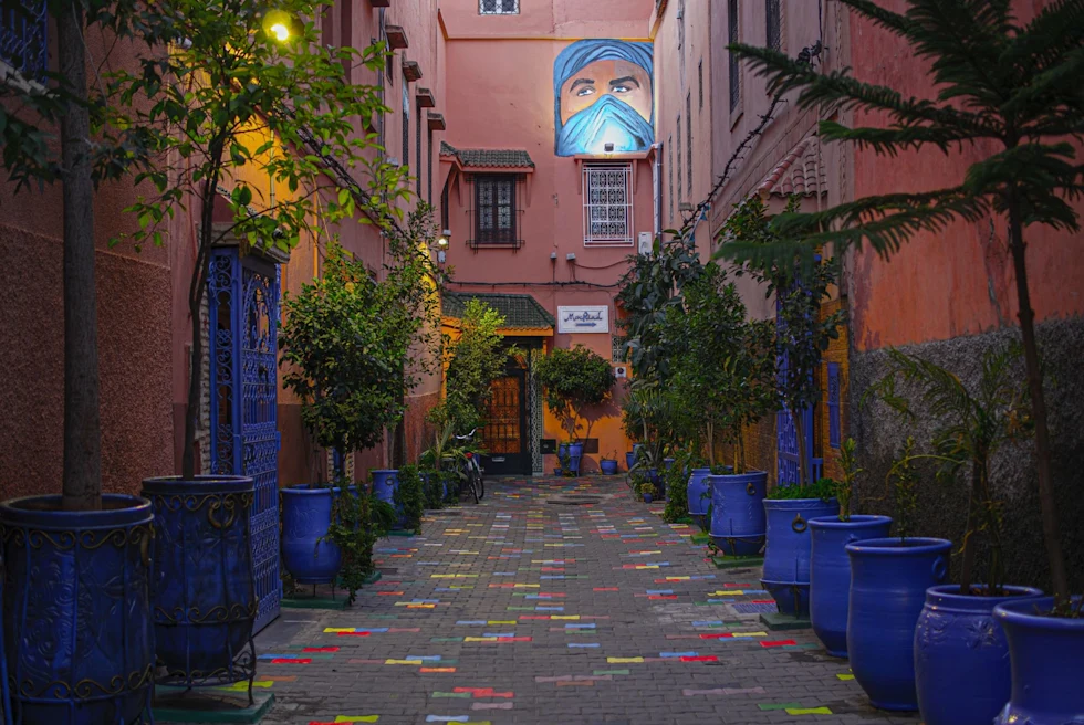 small street in early evening lined with blue potted plants