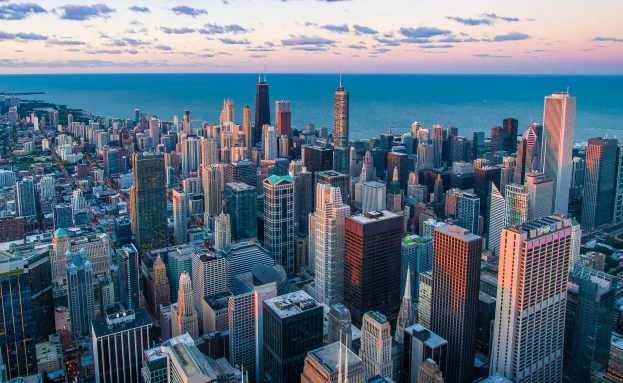 An aerial view of Chicago taken from Willis Tower at twilight