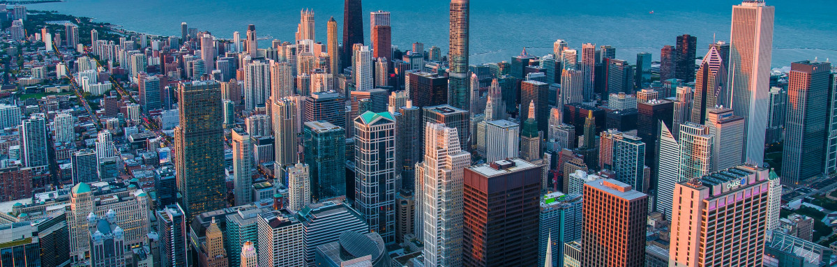 An aerial view of Chicago taken from Willis Tower at twilight