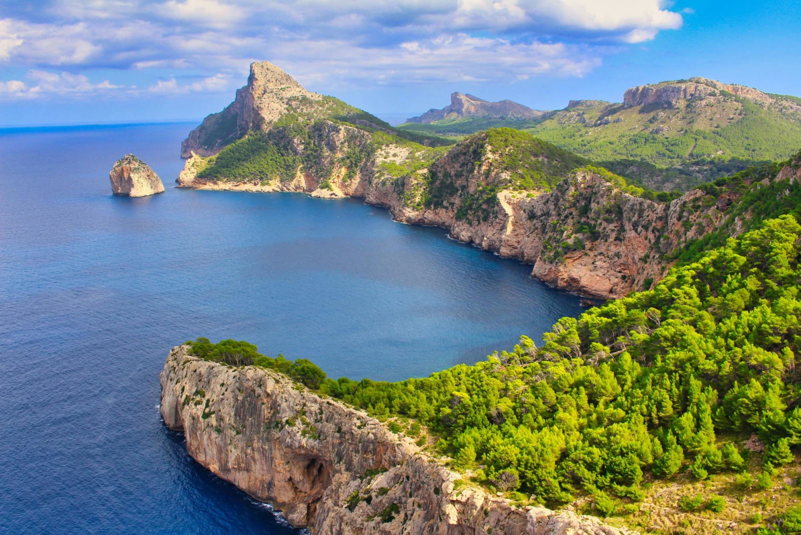 Lush greenery on rocks of island beside blue ocean in Mallorca on a sunny day.