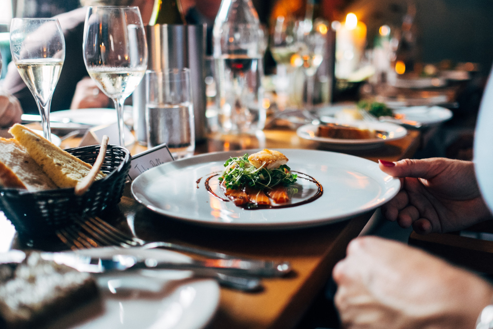 Seated fine-dining at a restaurant. 