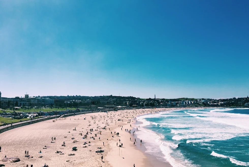 white-sand beach dotted with people