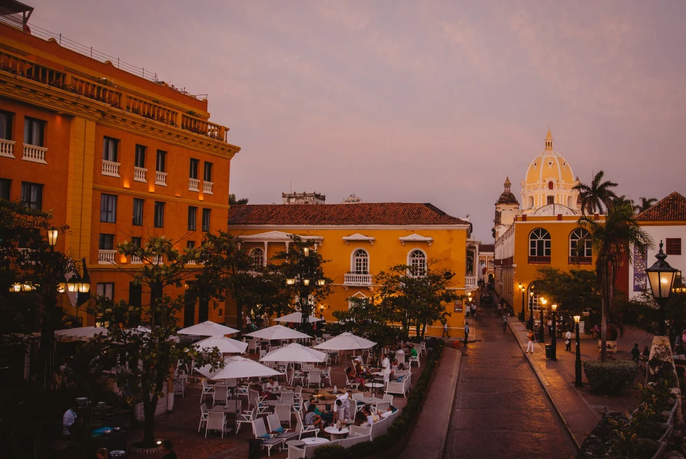 outdoor restaurant on the street at sundown