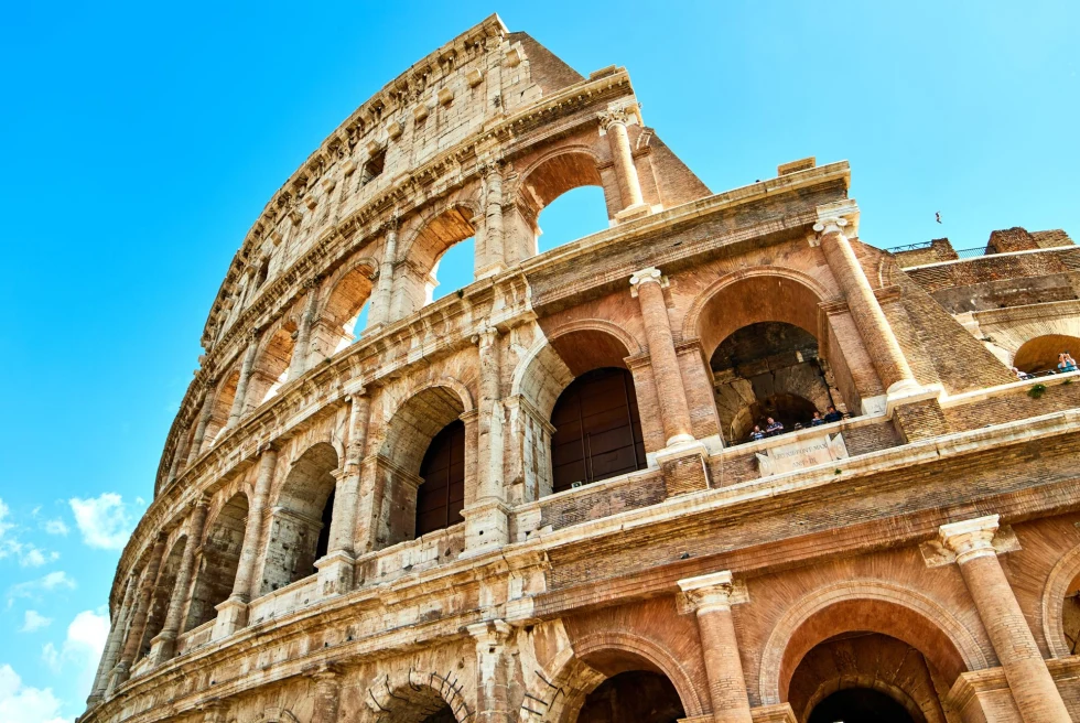 low-angle view of the Roman Colosseum. 