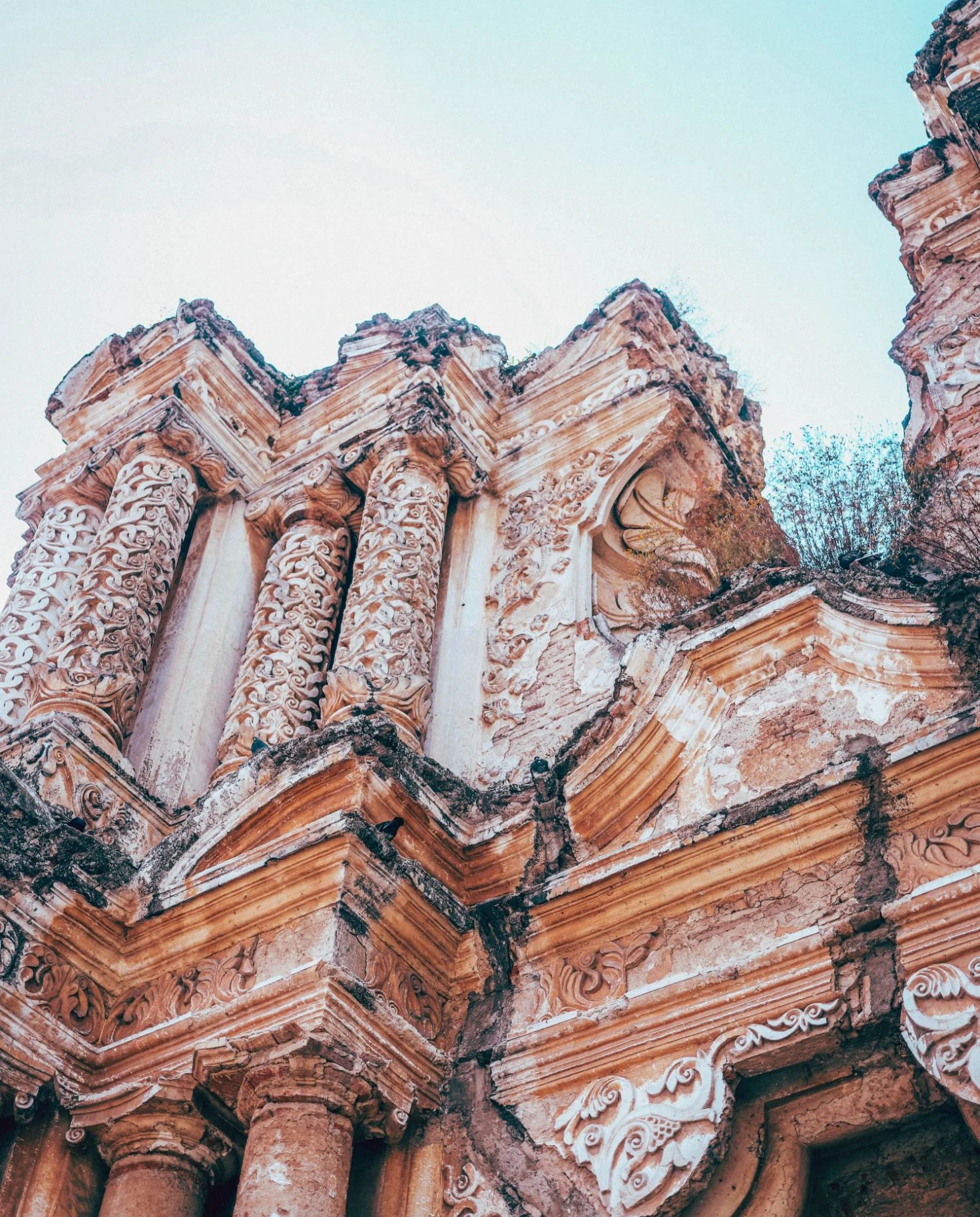Close-up of remnants of Our Lady Carmen Church in Antigua, Guatemala on a sunny day. 
