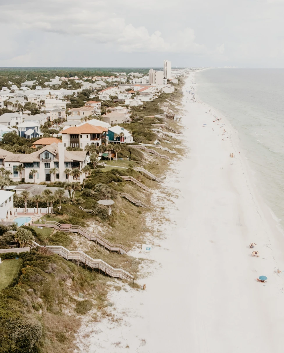 An aerial view of 30A showing Beach houses