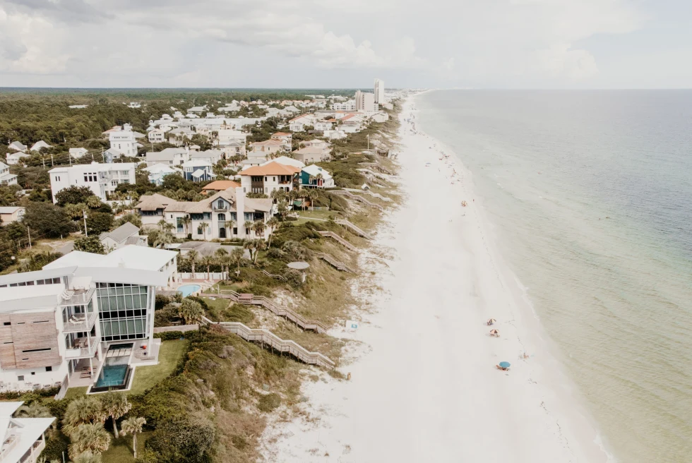 An aerial view of 30A showing Beach houses