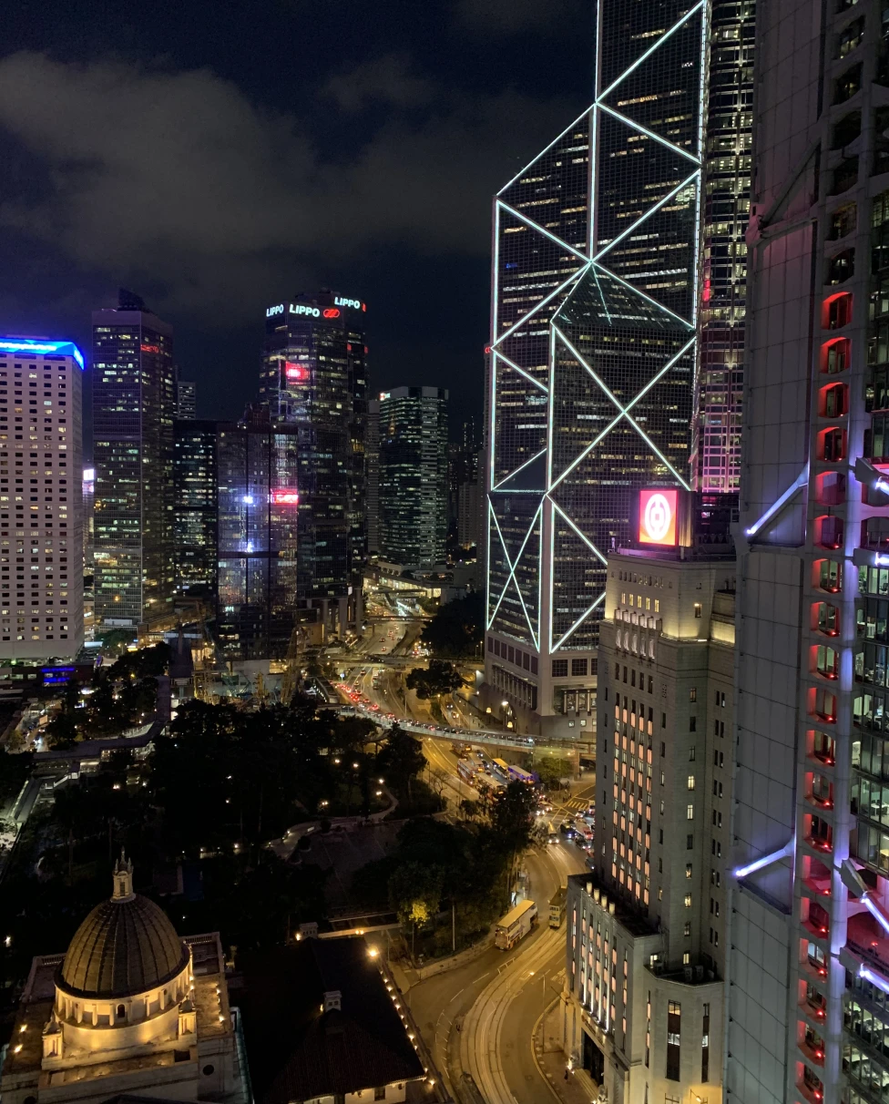 Overlooking view of Hong Kong at night time.