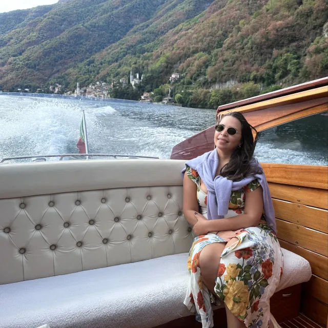 Robyn Srednicki sitting on a speed boat