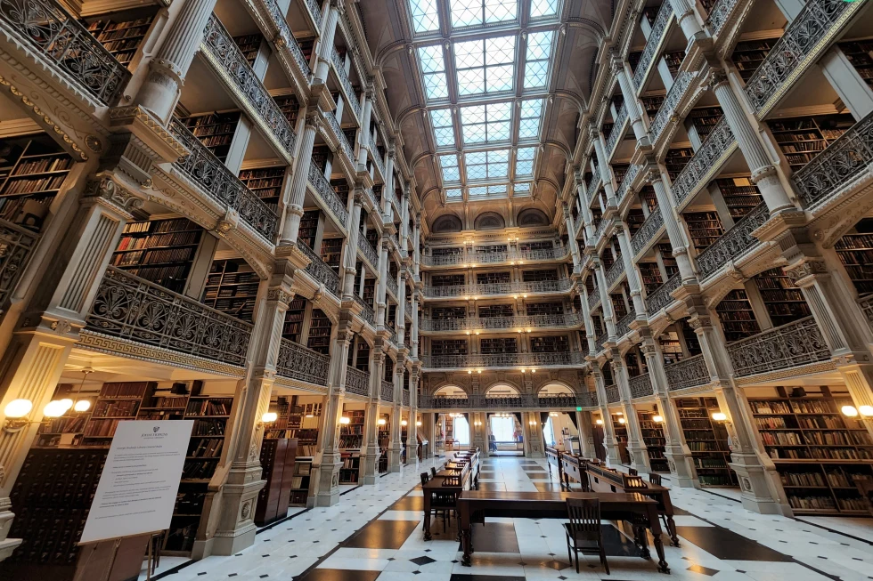 Inside of a big library. 