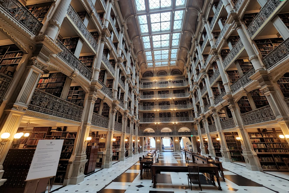 Inside of a big library.