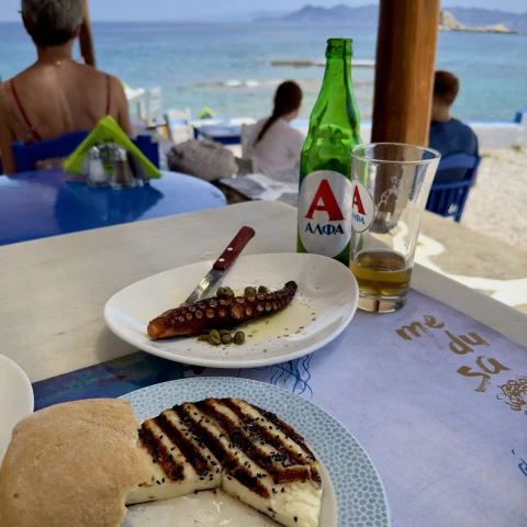 Food on table at a beach.