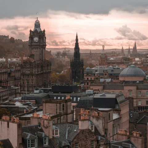 A skyline view of the city with small hotels Edinburgh.
