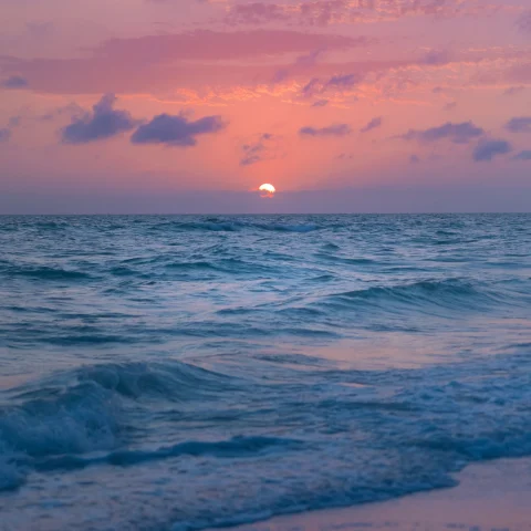 a final peak at the white sun during a pink and purple sunset over the ocean 