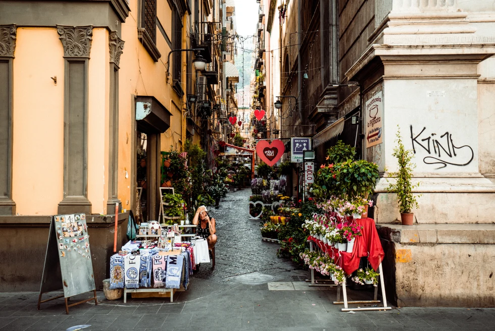 A small street of restaurants. 