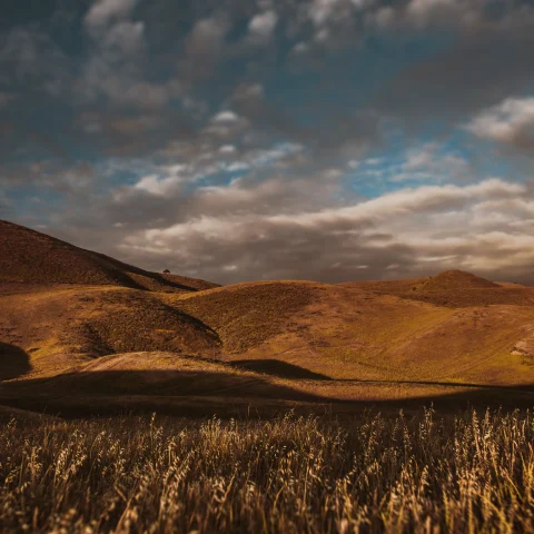 field and hills with clouds in the sky during sunset