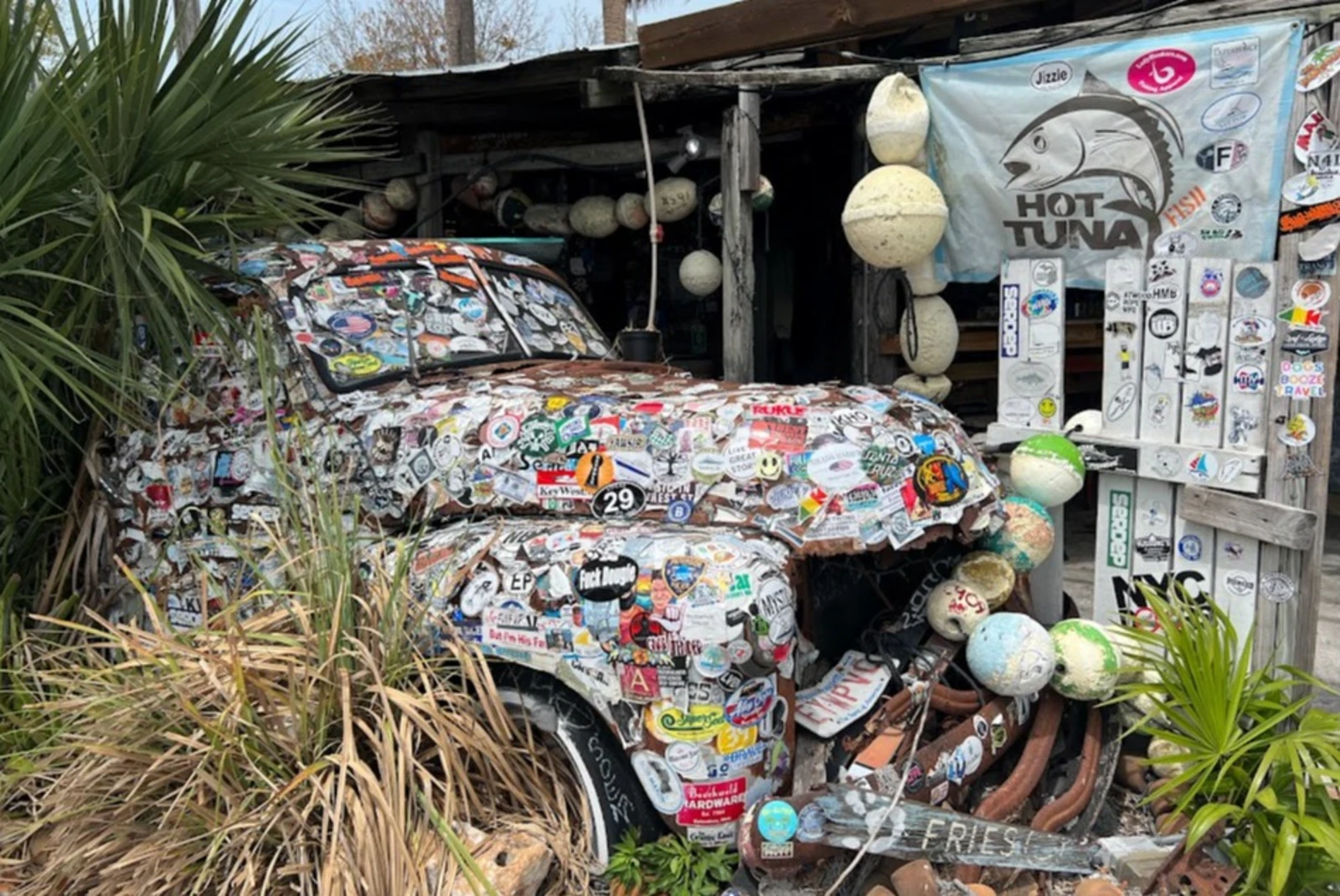 This wagon can be found at B.O.'s Fish Wagon, a seafood restaurant in Key West.