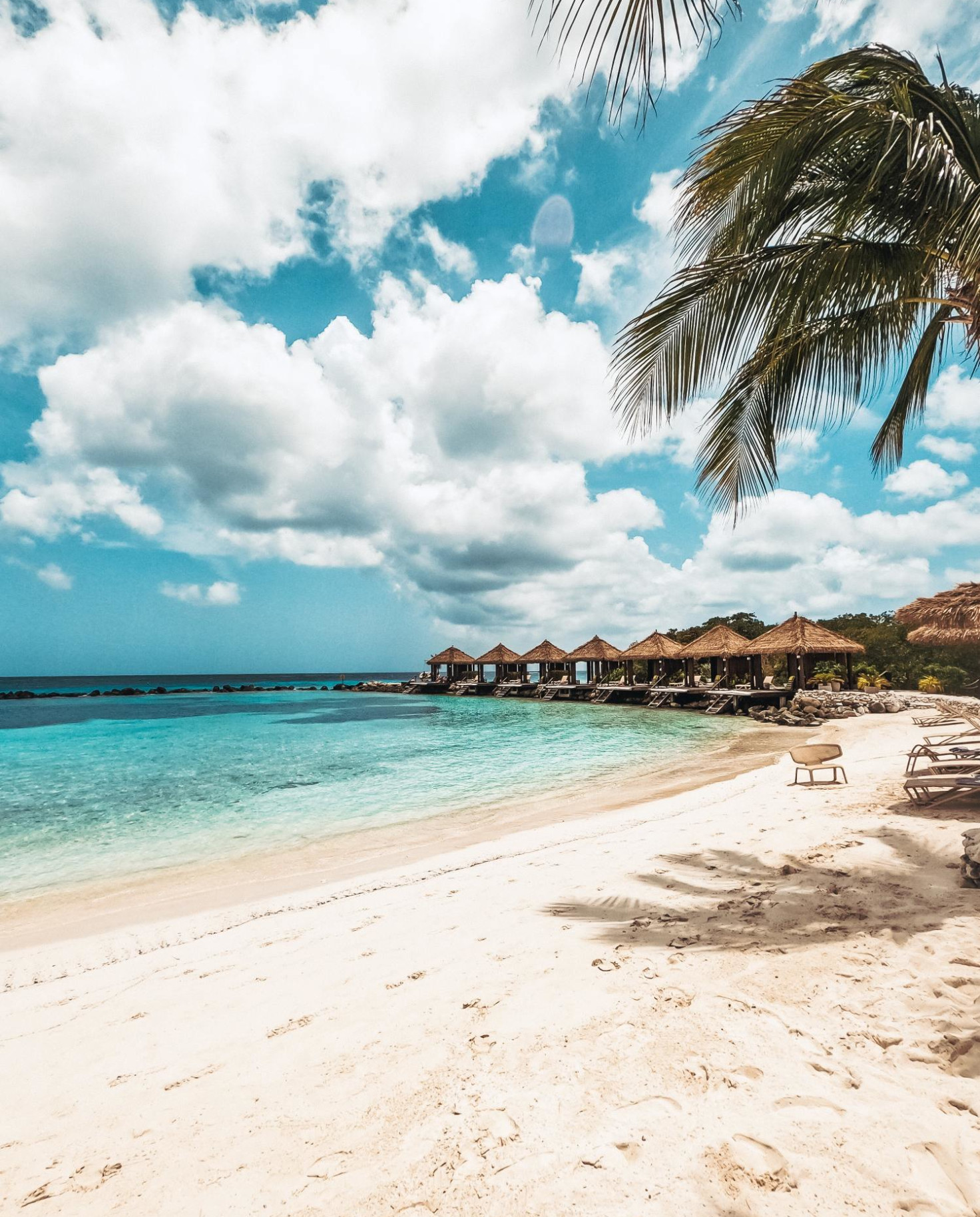 Pristine beach with palm trees in front of resort with bungalows.