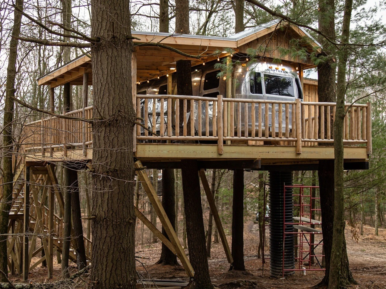 A treehouse with RV parked in it.