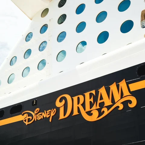 Name of Disney Cruise ship on dock before departure