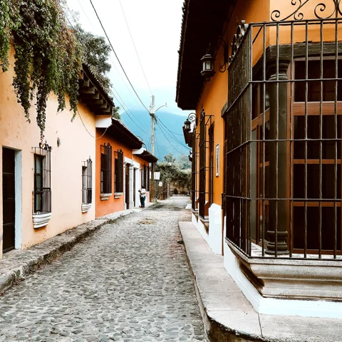 cobblestone streets in Guatemala with green vines and tan orange buildings with a black iron gate