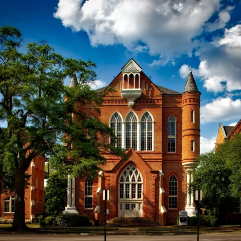 Brown Chapel AME Church – an ornate brick building with white windows and trees in front on a clear day.