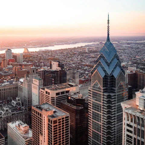 Skyline of downtown Philadelphia during sunset. 