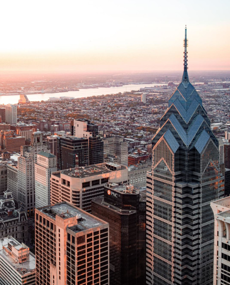 Skyline of downtown Philadelphia during sunset. 