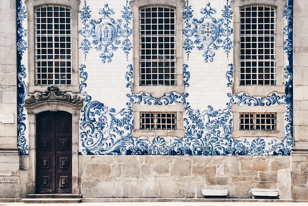 building façade covered in blue and white tiles