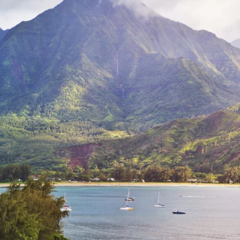 A beautiful beach and sailboats on water embraced by a Hawaiian cove and mountainside. 