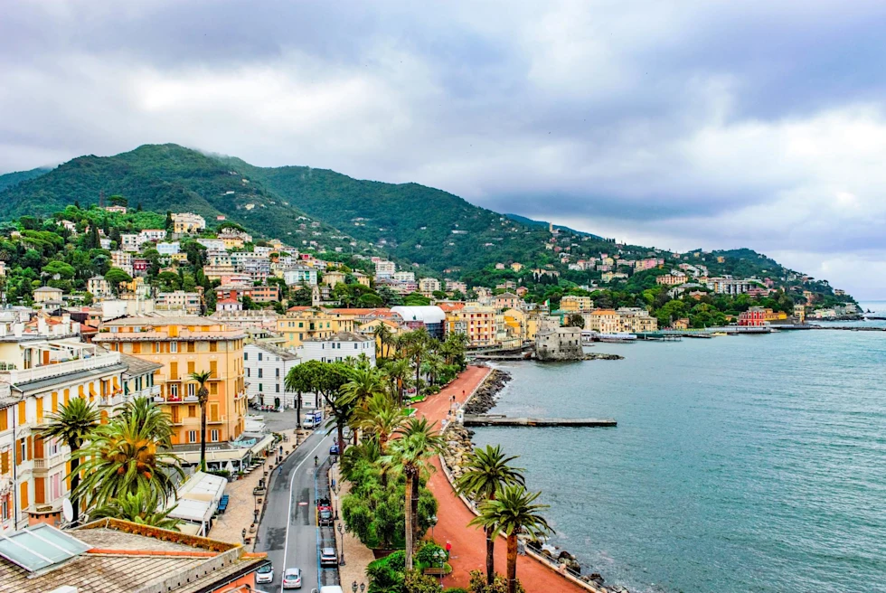 view of a colorful coastal town with green mountain in the distance and palm trees lining the shore