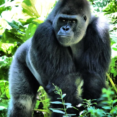Gorilla standing surrounded by green plants