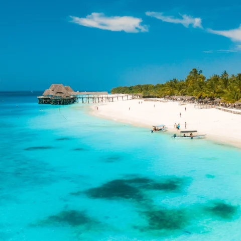 Crystal blue waters with darker patches a white sand beach green palm trees with people in the distance and a tan hut over the water 