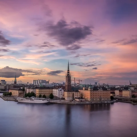Skyline views of Stockholm at sunset. 