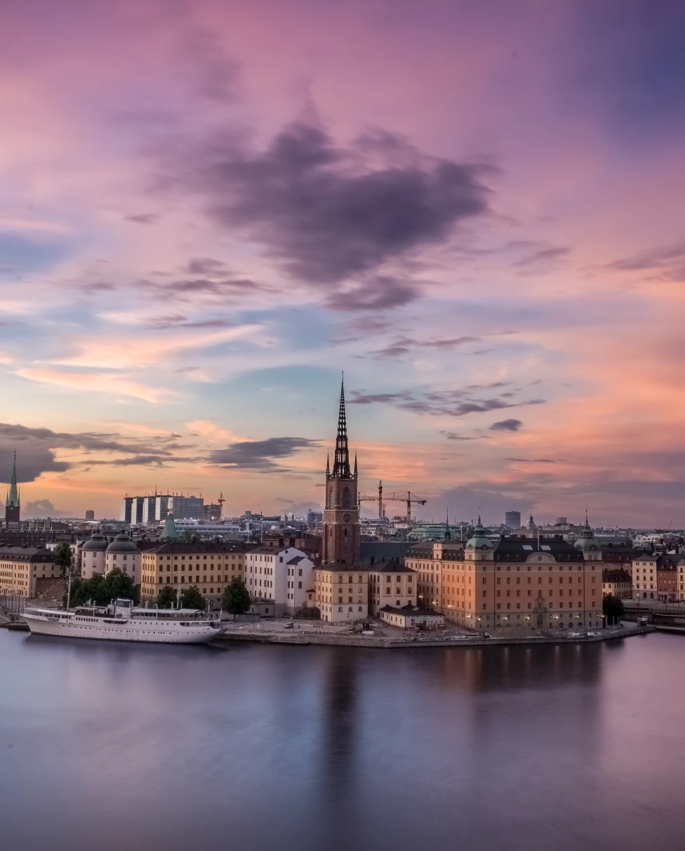 Skyline views of Stockholm at sunset. 