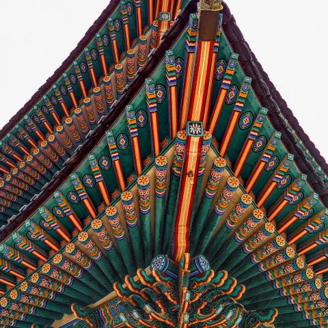 A low-angled picture of a green and brown wooden roof.