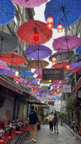 Karakoy District has lovely umbrellas overlooking the streets. You can find the famous Gulluoglu 1843 baklava in Karakoy district.