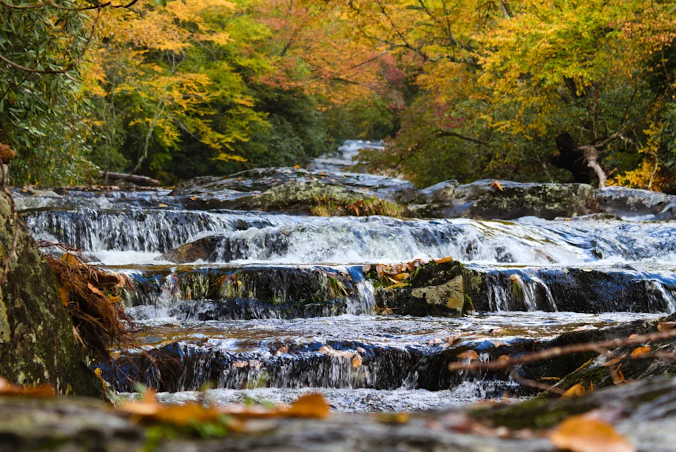Waterfalls in the mountains in Tennessee with leaves changing colors.