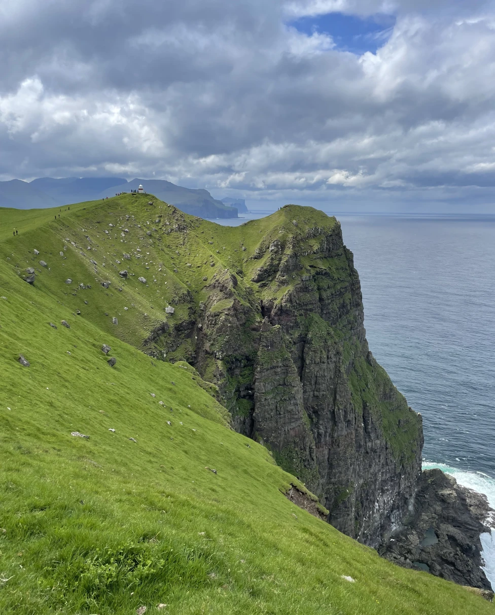 A view of grassy and rocky cliffs with the sea and a cloudy blue sky in the background. 