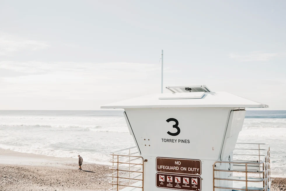 Torrey Pines life guide stand on a sunny day