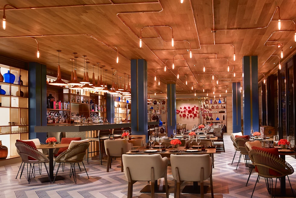 colorful dining room with tables and chairs