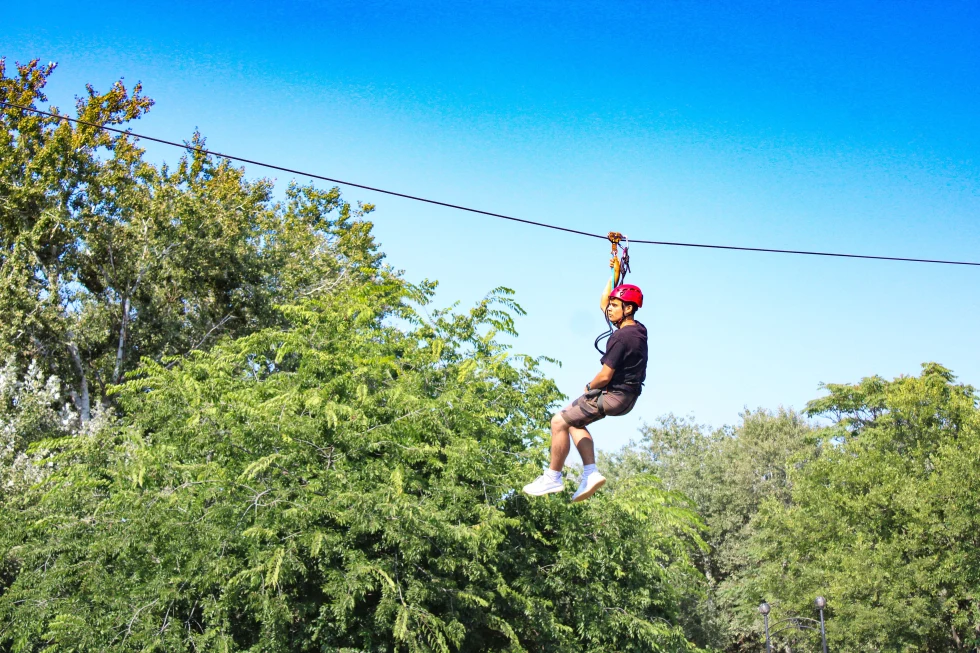 boy hangs on a zip line surrounded by trees during daytime