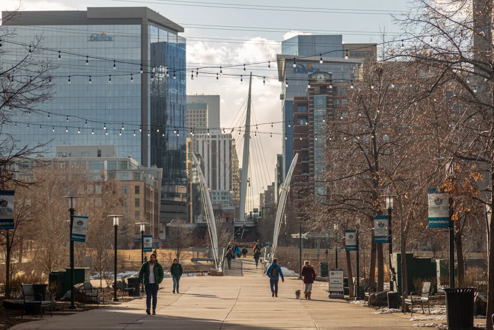 The city of downtown Denver and its bridge. 