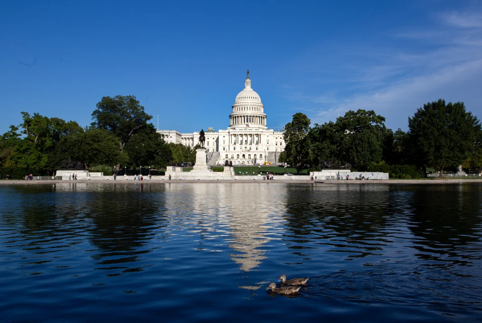 Water with capitol building with sunny skies during daytime