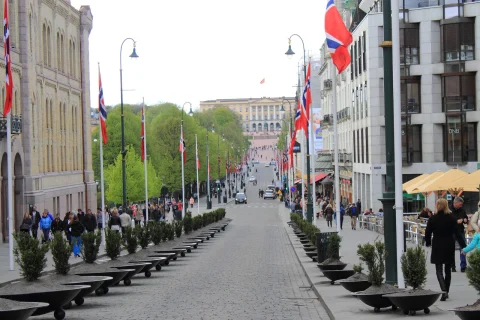 street lined with flags